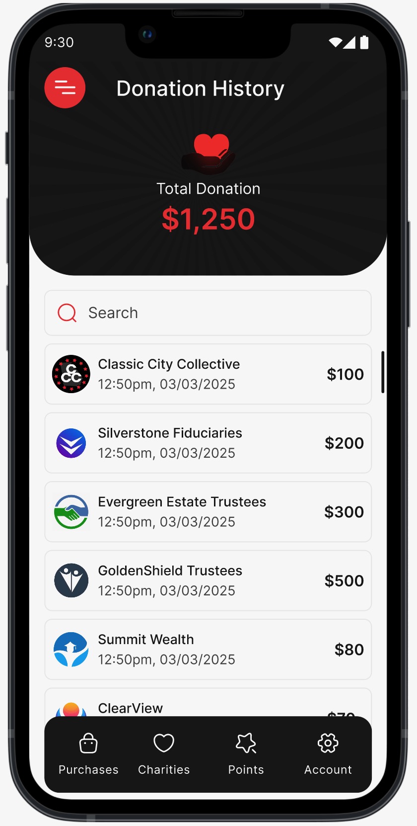 Purpose Payment donation history screen