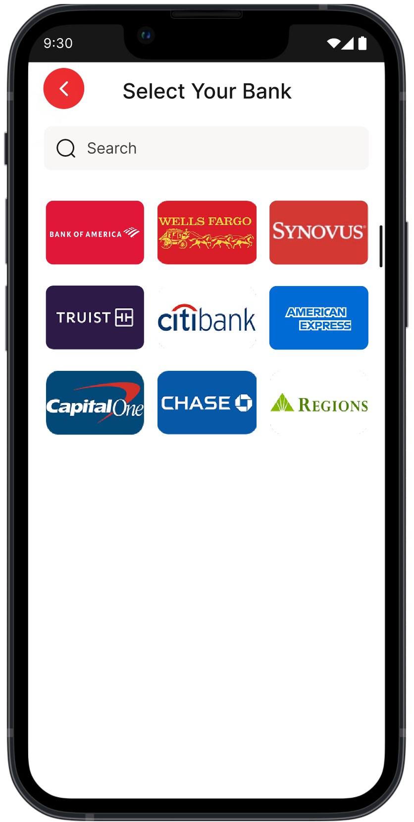 Purpose Payment select bank screen
