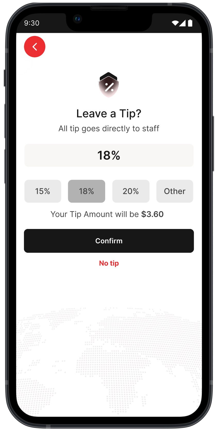 Purpose Payment tip selection screen