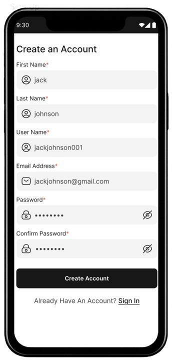 Purpose Payment create account screen