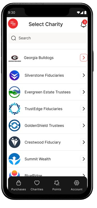 Purpose Payment charity list screen