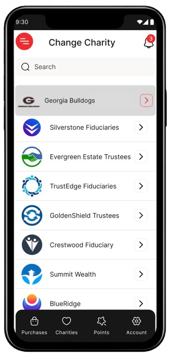 Purpose Payment selected charity screen