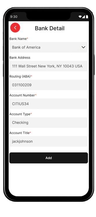 Purpose Payment bank detail screen